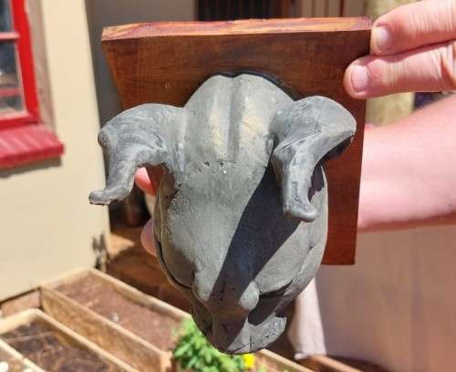 CARACAL (ROOIKAT) HENKMAM CLAY SCULPTURE WITH BRONZE COATING ON WOODEN WALL MOUNT