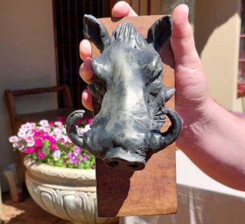 WARTHOG HENKMAM CLAY SCULPTURE WITH BRONZE COATING ON WOODEN WALL MOUNT