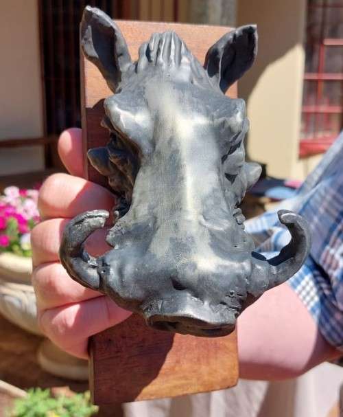 WARTHOG HENKMAM CLAY SCULPTURE WITH BRONZE COATING ON WOODEN WALL MOUNT