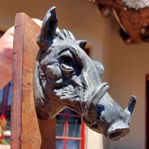 WARTHOG HENKMAM CLAY SCULPTURE WITH BRONZE COATING ON WOODEN WALL MOUNT