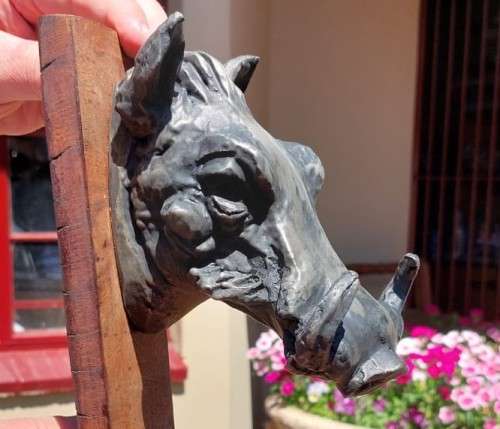 WARTHOG HENKMAM CLAY SCULPTURE WITH BRONZE COATING ON WOODEN WALL MOUNT