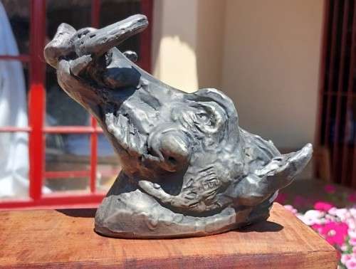 WARTHOG HENKMAM CLAY SCULPTURE WITH BRONZE COATING ON WOODEN WALL MOUNT