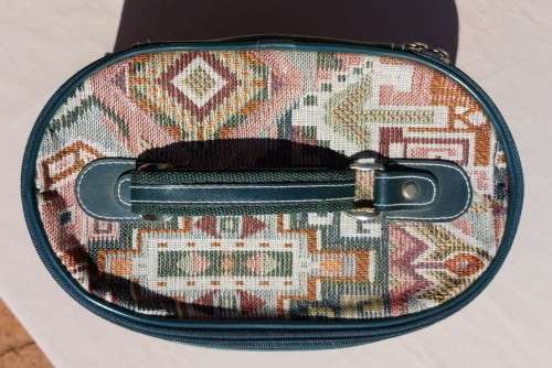 BEAUTIFUL SAFARI BRAND FABRIC STITCHED, FAUX LEATHER AND CANVAS HANDLE OVAL VANITY CASE