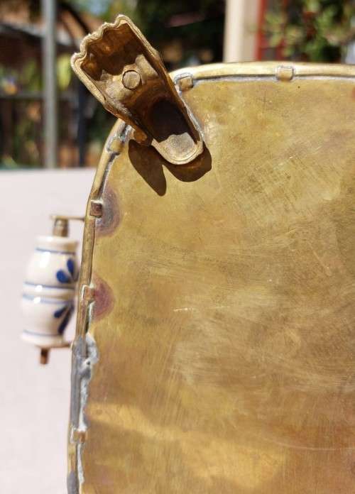 1940S BRASS AND METAL PLANTER WITH DELFT CERAMIC HANDLES AND CLAW FEET