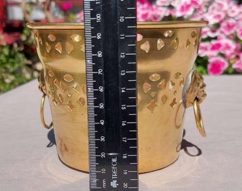 BRASS PLANTER WITH LION HANDLES AND A NICE GEOMETRIC CUTOUT DESIGN - SMALL (13CM DIAMETER 10CM HIGH)