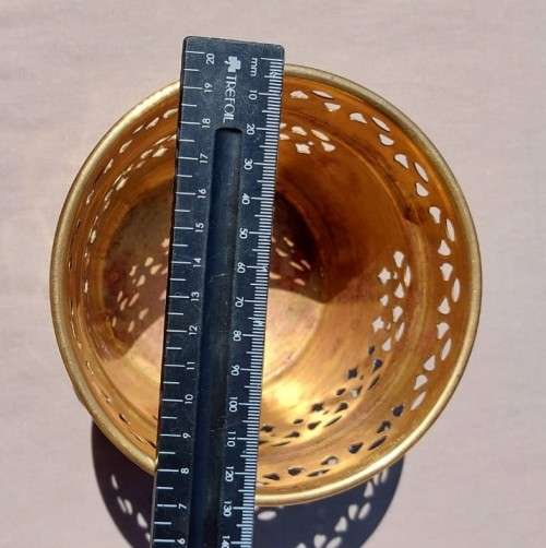 BRASS PLANTER WITH LION HANDLES AND A NICE GEOMETRIC CUTOUT DESIGN - SMALL (13CM DIAMETER 10CM HIGH)