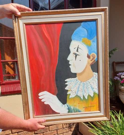 ORIGINAL CIRCUS WHITEFACE CLOWN VANESSA KARSHAGEN OIL PAINTING IN A NICE WOODEN FRAME