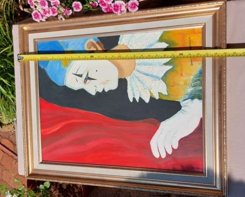 ORIGINAL CIRCUS WHITEFACE CLOWN VANESSA KARSHAGEN OIL PAINTING IN A NICE WOODEN FRAME