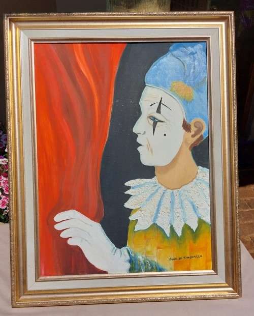 ORIGINAL CIRCUS WHITEFACE CLOWN VANESSA KARSHAGEN OIL PAINTING IN A NICE WOODEN FRAME