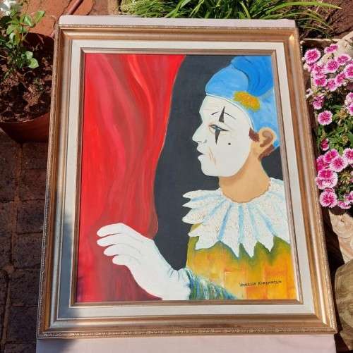 ORIGINAL CIRCUS WHITEFACE CLOWN VANESSA KARSHAGEN OIL PAINTING IN A NICE WOODEN FRAME