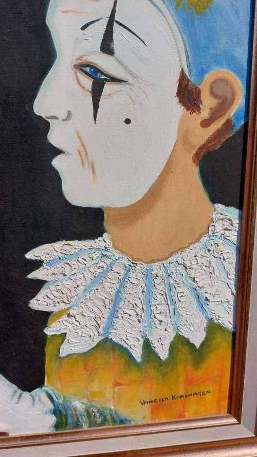 ORIGINAL CIRCUS WHITEFACE CLOWN VANESSA KARSHAGEN OIL PAINTING IN A NICE WOODEN FRAME