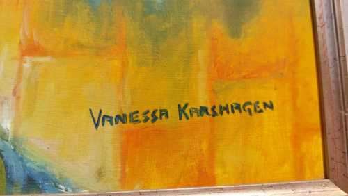 ORIGINAL CIRCUS WHITEFACE CLOWN VANESSA KARSHAGEN OIL PAINTING IN A NICE WOODEN FRAME