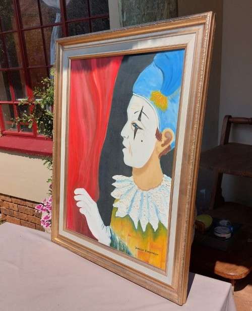 ORIGINAL CIRCUS WHITEFACE CLOWN VANESSA KARSHAGEN OIL PAINTING IN A NICE WOODEN FRAME