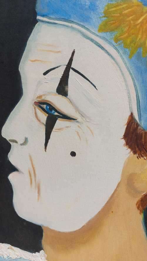 ORIGINAL CIRCUS WHITEFACE CLOWN VANESSA KARSHAGEN OIL PAINTING IN A NICE WOODEN FRAME