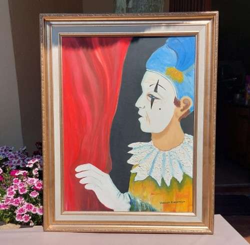 ORIGINAL CIRCUS WHITEFACE CLOWN VANESSA KARSHAGEN OIL PAINTING IN A NICE WOODEN FRAME