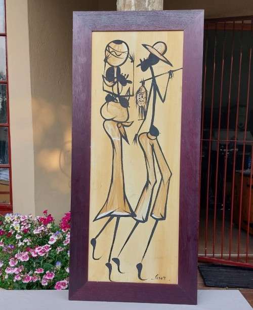 AWESOME ORIGINAL LARGE (105CM HIGH) AFRICAN LINE ART ACRYLLIC ON CANVAS PAINTING FRAMED