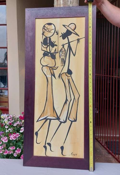 AWESOME ORIGINAL LARGE (105CM HIGH) AFRICAN LINE ART ACRYLLIC ON CANVAS PAINTING FRAMED