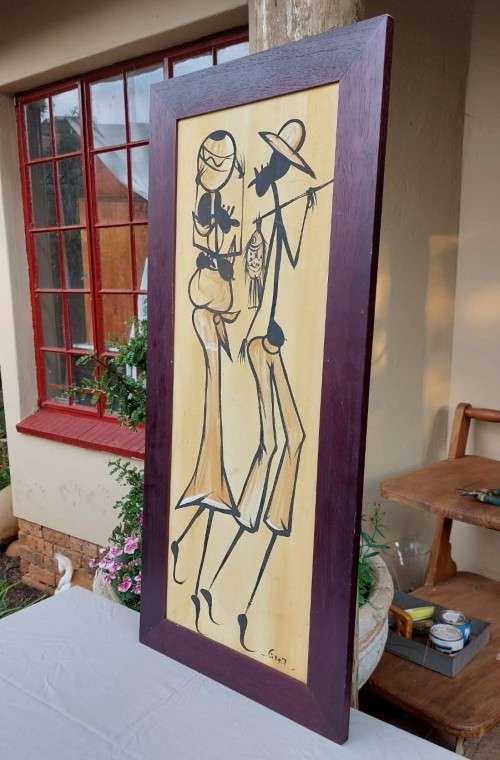 AWESOME ORIGINAL LARGE (105CM HIGH) AFRICAN LINE ART ACRYLLIC ON CANVAS PAINTING FRAMED