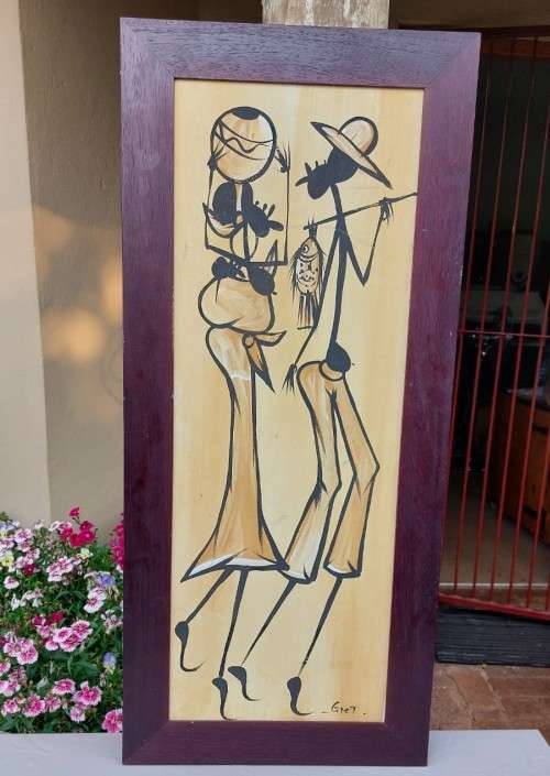 AWESOME ORIGINAL LARGE (105CM HIGH) AFRICAN LINE ART ACRYLLIC ON CANVAS PAINTING FRAMED