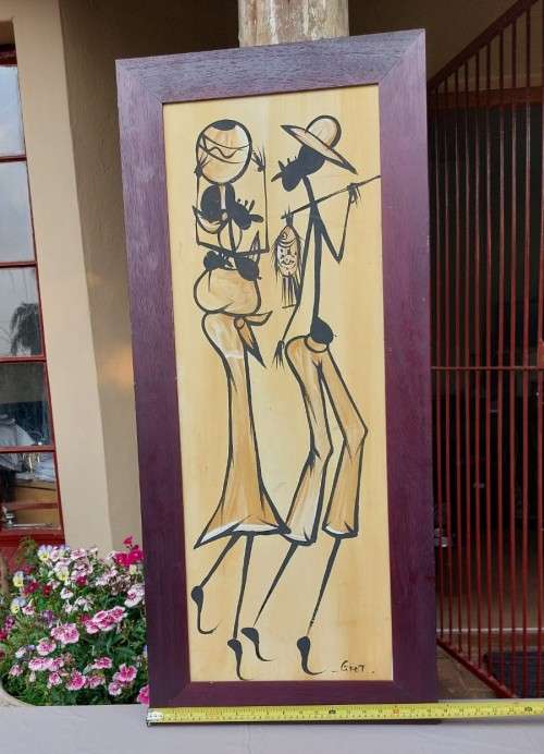 AWESOME ORIGINAL LARGE (105CM HIGH) AFRICAN LINE ART ACRYLLIC ON CANVAS PAINTING FRAMED