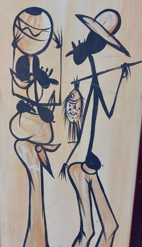 AWESOME ORIGINAL LARGE (105CM HIGH) AFRICAN LINE ART ACRYLLIC ON CANVAS PAINTING FRAMED