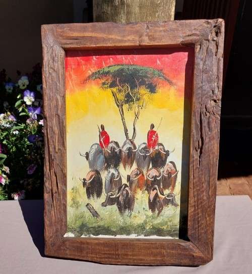 MASAI HERDING CATTLE ORIGINAL WATERCOLOUR PAINTING WITH A SOLID WOODEN FRAME 49CM HIGH 35C