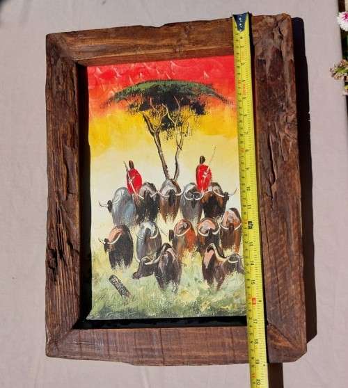 MASAI HERDING CATTLE ORIGINAL WATERCOLOUR PAINTING WITH A SOLID WOODEN FRAME 49CM HIGH 35C