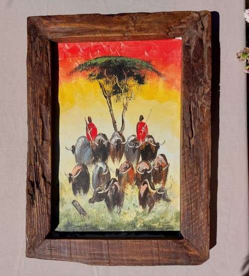 MASAI HERDING CATTLE ORIGINAL WATERCOLOUR PAINTING WITH A SOLID WOODEN FRAME 49CM HIGH 35C