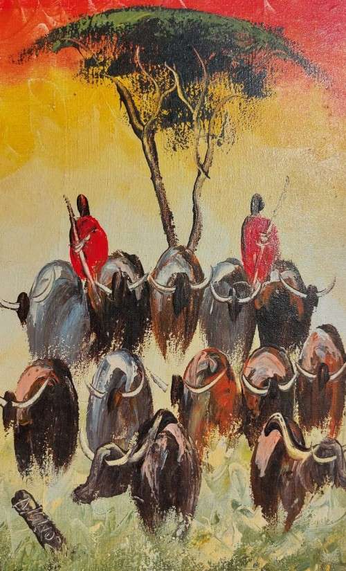 MASAI HERDING CATTLE ORIGINAL WATERCOLOUR PAINTING WITH A SOLID WOODEN FRAME 49CM HIGH 35C