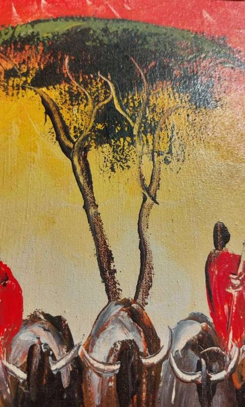 MASAI HERDING CATTLE ORIGINAL WATERCOLOUR PAINTING WITH A SOLID WOODEN FRAME 49CM HIGH 35C