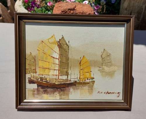 FAMOUS HONG KONG ARTIST FC CHEUNG  ORIGINAL SIGNED OIL ON CANVAS PAINTING OF CHINESE JUNK BOATS