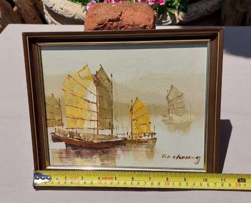 FAMOUS HONG KONG ARTIST FC CHEUNG  ORIGINAL SIGNED OIL ON CANVAS PAINTING OF CHINESE JUNK BOATS