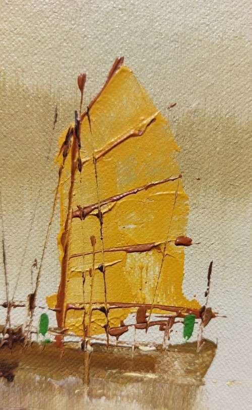 FAMOUS HONG KONG ARTIST FC CHEUNG  ORIGINAL SIGNED OIL ON CANVAS PAINTING OF CHINESE JUNK BOATS