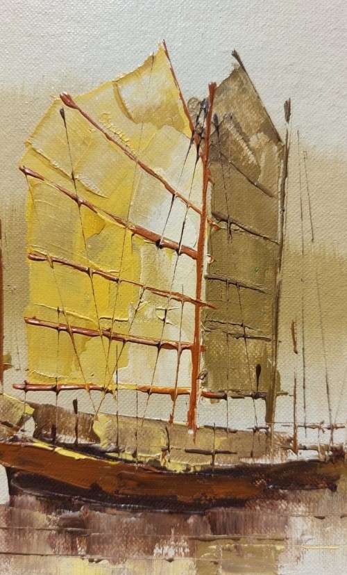 FAMOUS HONG KONG ARTIST FC CHEUNG  ORIGINAL SIGNED OIL ON CANVAS PAINTING OF CHINESE JUNK BOATS
