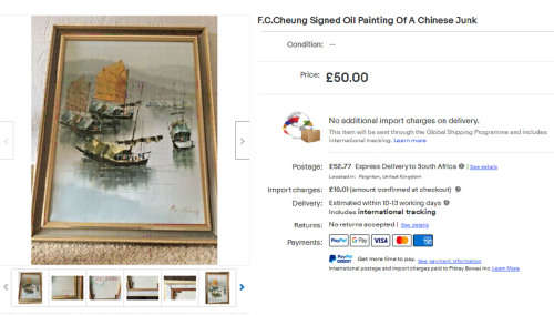 FAMOUS HONG KONG ARTIST FC CHEUNG  ORIGINAL SIGNED OIL ON CANVAS PAINTING OF CHINESE JUNK BOATS