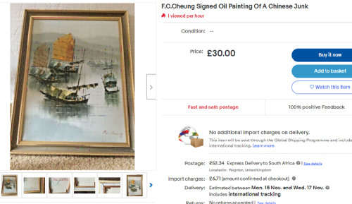 FAMOUS HONG KONG ARTIST FC CHEUNG  ORIGINAL SIGNED OIL ON CANVAS PAINTING OF CHINESE JUNK BOATS