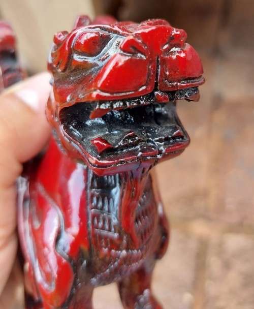 FENG SHUI CINNABAR RESIN (TREE SAP) CARVED MALE KYLIN DRAGON FOR GOOD LUCK AND PROTECTION