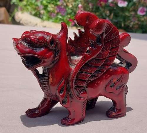 FENG SHUI CINNABAR RESIN (TREE SAP) CARVED MALE KYLIN DRAGON FOR GOOD LUCK AND PROTECTION