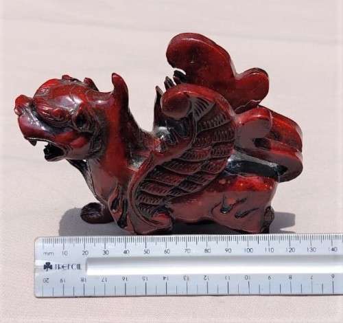 FENG SHUI CINNABAR RESIN (TREE SAP) CARVED MALE KYLIN DRAGON FOR GOOD LUCK AND PROTECTION