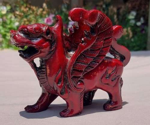 FENG SHUI CINNABAR RESIN (TREE SAP) CARVED MALE KYLIN DRAGON FOR GOOD LUCK AND PROTECTION