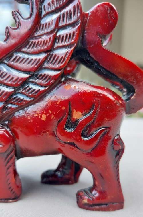 FENG SHUI CINNABAR RESIN (TREE SAP) CARVED MALE KYLIN DRAGON FOR GOOD LUCK AND PROTECTION