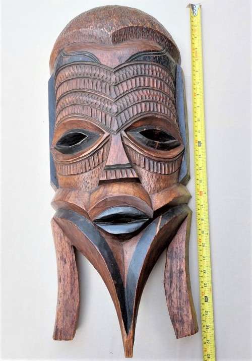 HAND CARVED WOODEN EAST AFRICAN JAMBO (GREETINGS) MASK - UNIQUE DESIGN - HANDHELD - 65CM HIGH