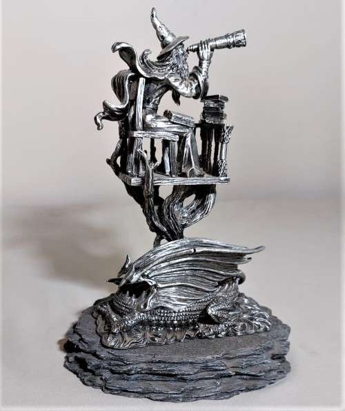 A ONE YEAR ONLY PIECE! - THE 2012 ASTROLOGER WITH HIS DRAGON FIGURINE - HEAVY PEWTER - BY J. ASCOUGH