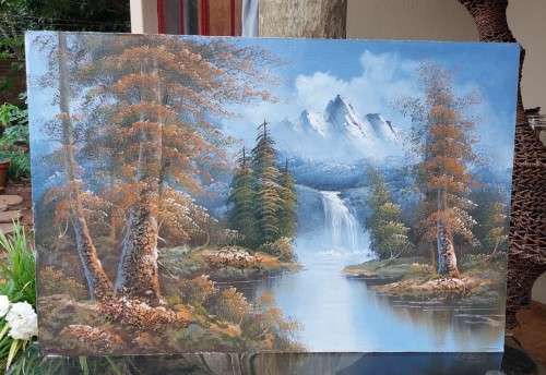 UNUSUAL LANDSCAPE THICKLY APPLIED OIL PAINTING  CANVAS ON BOARD  NOT SIGNED - NO FRAME - 90CM WIDE