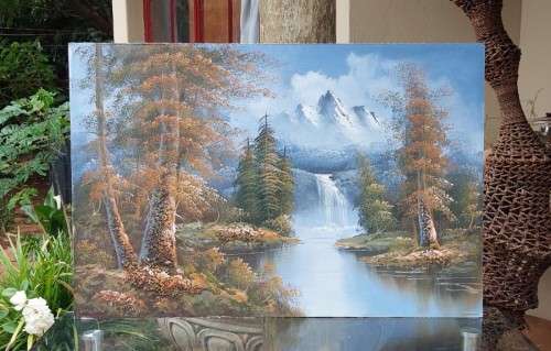 UNUSUAL LANDSCAPE THICKLY APPLIED OIL PAINTING  CANVAS ON BOARD  NOT SIGNED - NO FRAME - 90CM WIDE