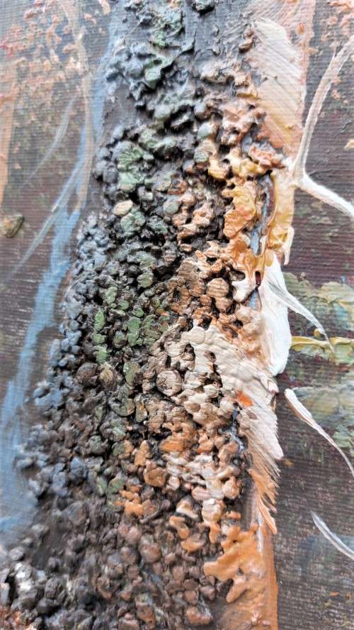 UNUSUAL LANDSCAPE THICKLY APPLIED OIL PAINTING  CANVAS ON BOARD  NOT SIGNED - NO FRAME - 90CM WIDE