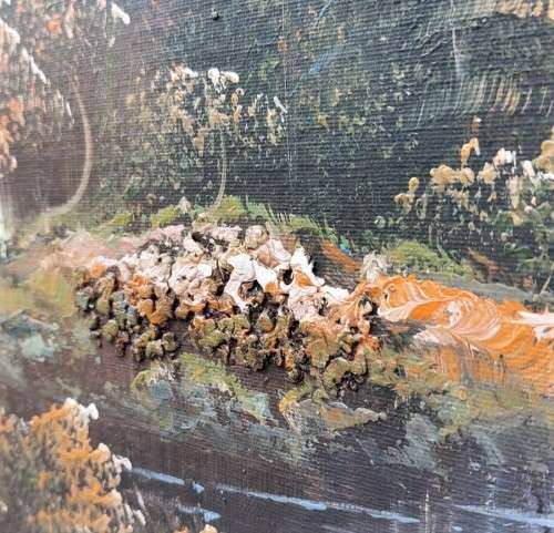 UNUSUAL LANDSCAPE THICKLY APPLIED OIL PAINTING  CANVAS ON BOARD  NOT SIGNED - NO FRAME - 90CM WIDE