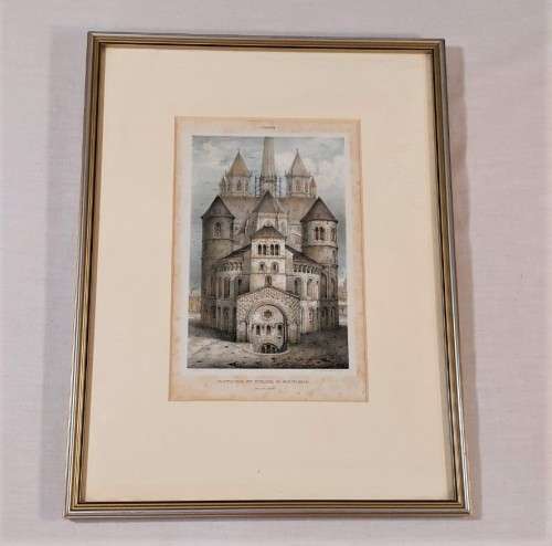 ORIGINAL 1840 HAND COLOR LITHOGRAPH BY EMILE SAGOT OF THE CATHEDRAL OF SAINT BENIGNUS IN DIJON FRANC