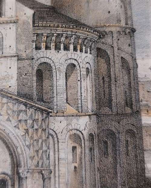 ORIGINAL 1840 HAND COLOR LITHOGRAPH BY EMILE SAGOT OF THE CATHEDRAL OF SAINT BENIGNUS IN DIJON FRANC