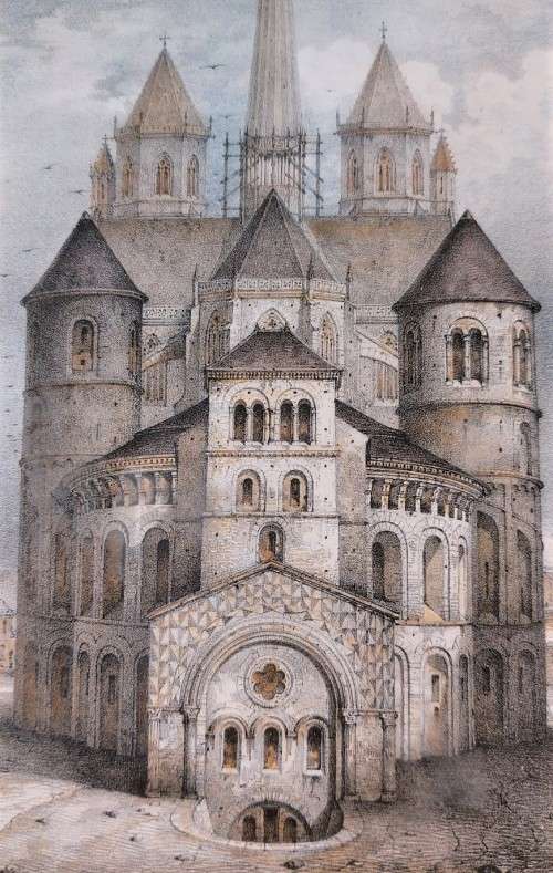 ORIGINAL 1840 HAND COLOR LITHOGRAPH BY EMILE SAGOT OF THE CATHEDRAL OF SAINT BENIGNUS IN DIJON FRANC